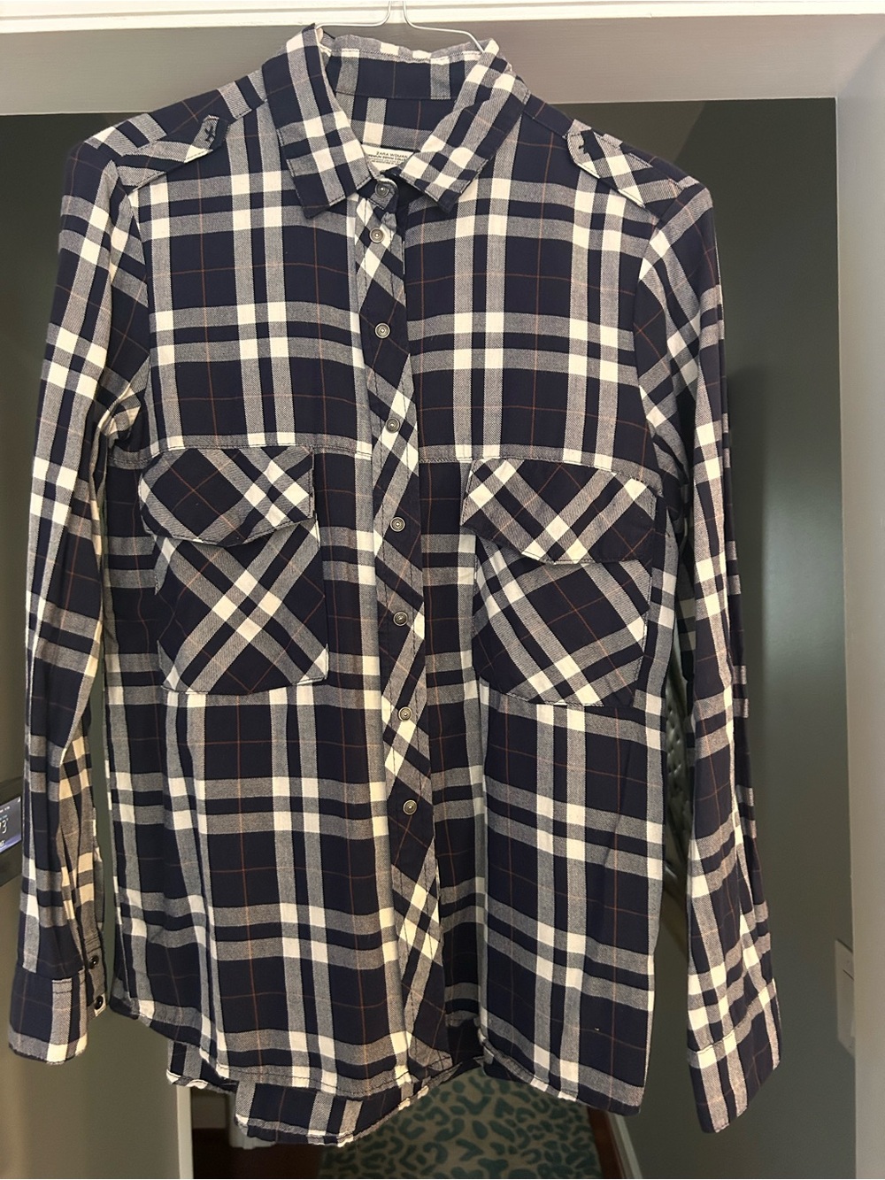 Zara Navy and White Plaid Button-Down Shirt
